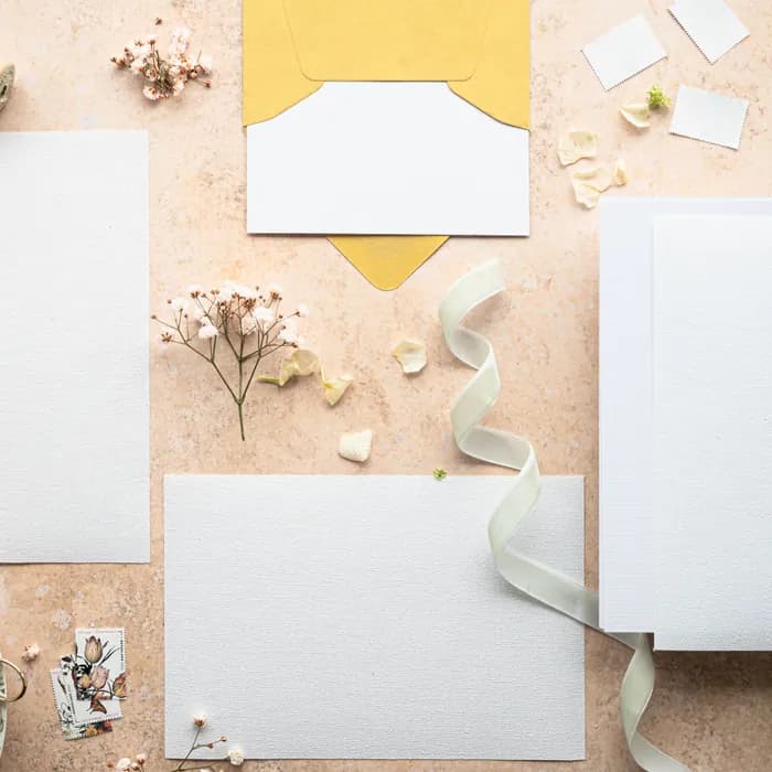 Wedding invitations and ribbon laid out on a table