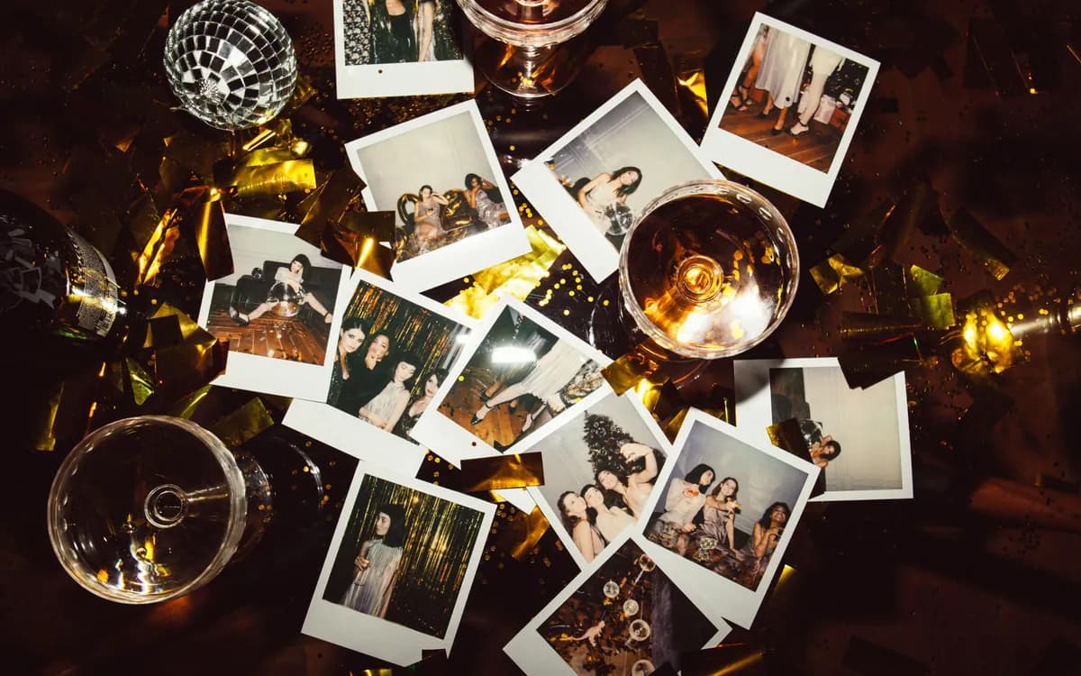 Polaroid photographs scattered over gold confetti after a party