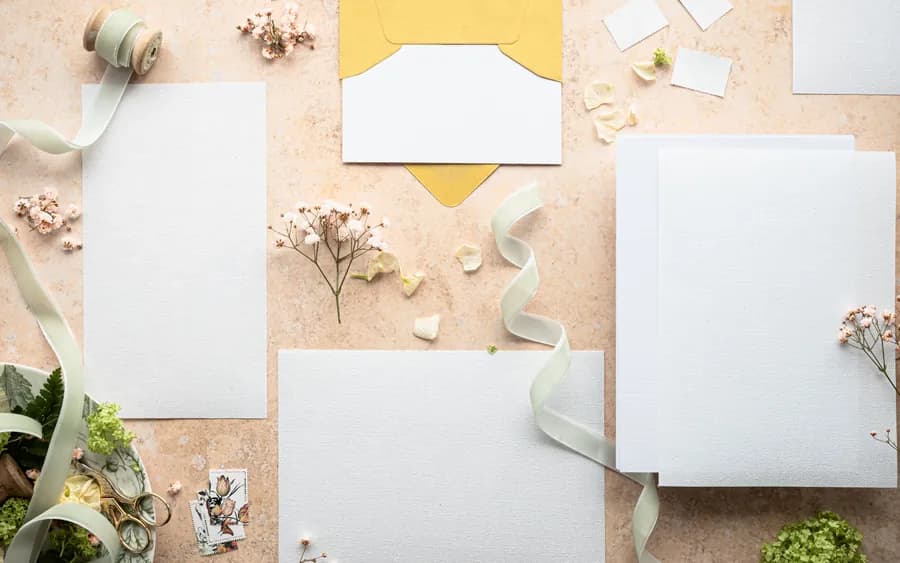Wedding invitations and ribbon laid out on a table